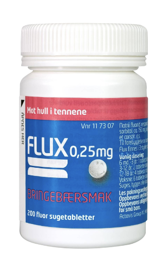 Flux Sugetabletter 0,25 mg Bringebær – Fluor for sterke tenner
