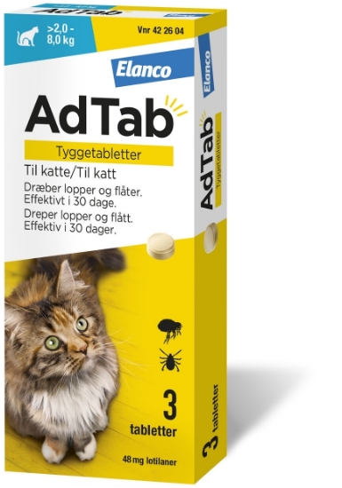 AdTab Vet tyggetabletter 48 mg katt – Effektiv loppe- og flåttbeskyttelse (3 stk)