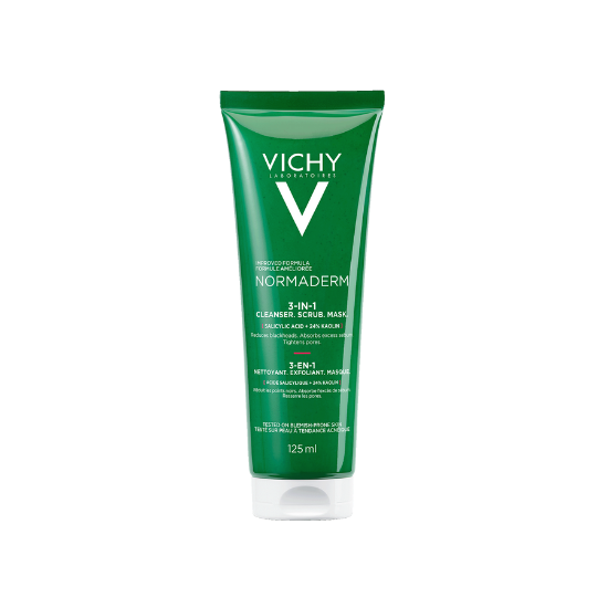 Vichy Normaderm 3‑i‑1 Rensekrem 125 ml – Rens, skrubb & maske for uren hud