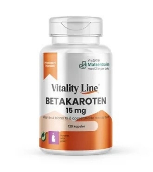 Vitality Line Betakaroten 15 mg 120 kapsler – kosttilskudd for hudens glød og beskyttelse”