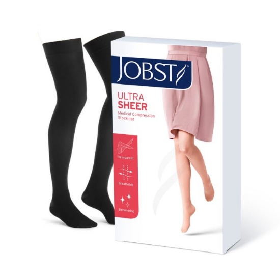 Jobst Ultra Sheer K1 lår kompresjonsstrømpe sort M – elegant klasse 1 støtte