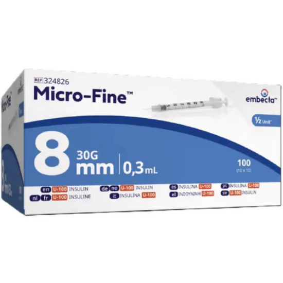 Embecta Micro‑Fine Insulinsprøyter 0,3 ml 8 mm | U‑100 – 100 stk