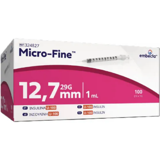 Embecta Micro‑Fine insulinsprøyter 1,0 ml 12,7 mm – 100 stk sterile engangssprøyter