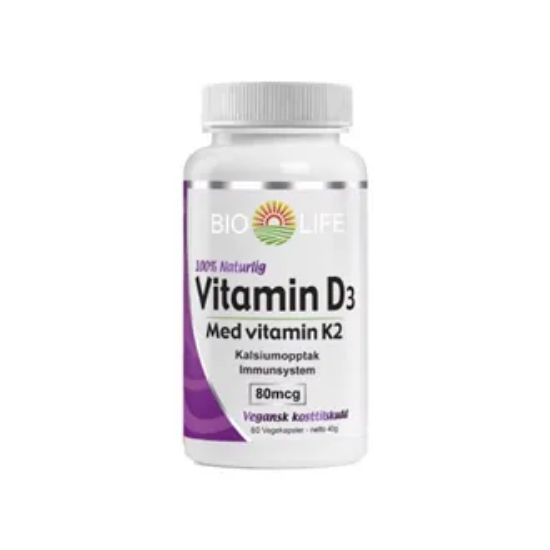 Bio Life Vitamin D3 med K2 60 kapsler